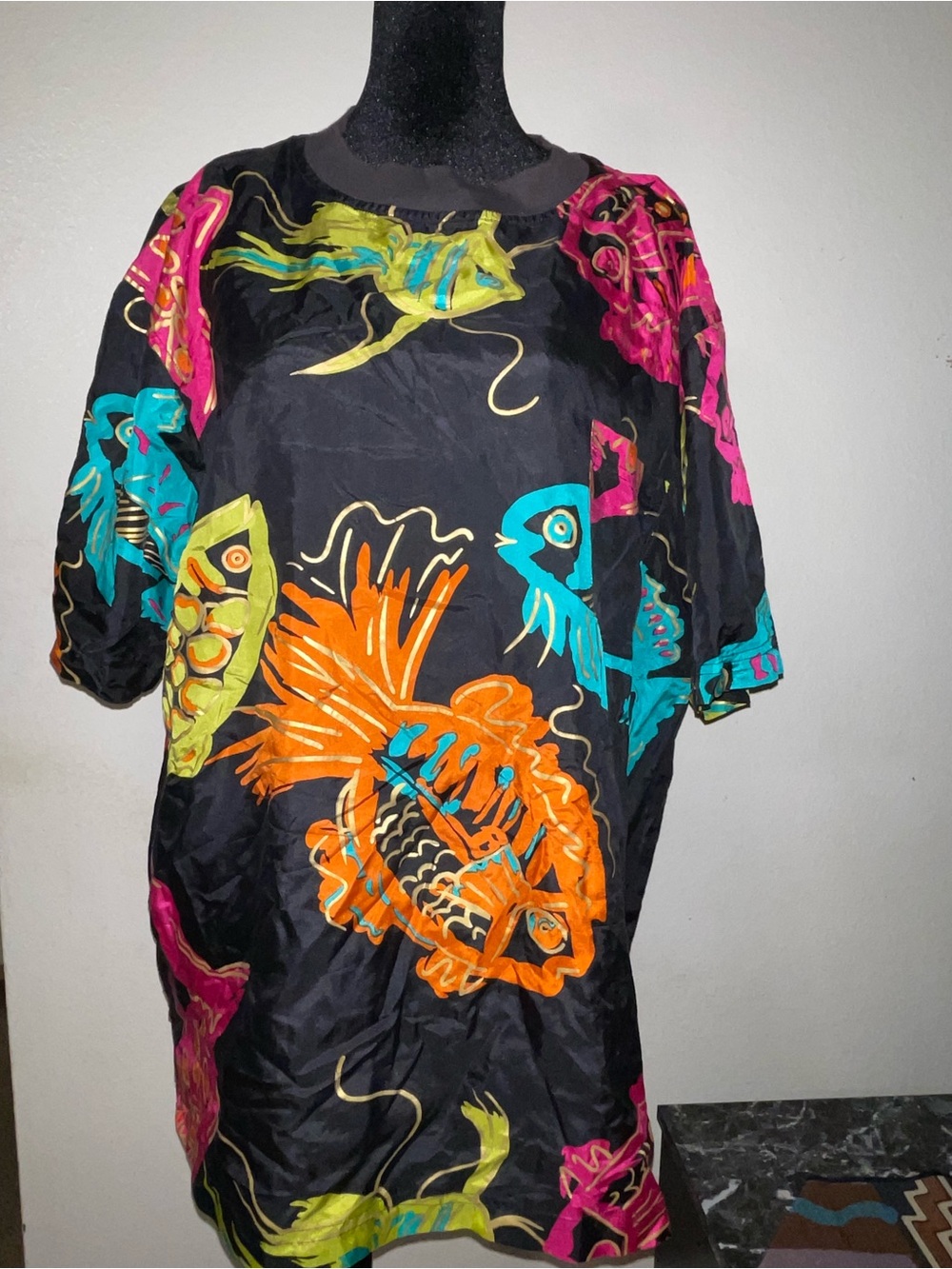 Carole Little Black Silk-Blend Top with Neon Fish Print size L